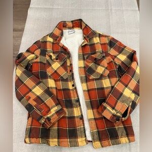 [M]Lucky Brand Checkered Faux Sherpa Lined Shirt Jacket Brown Snap Pockets